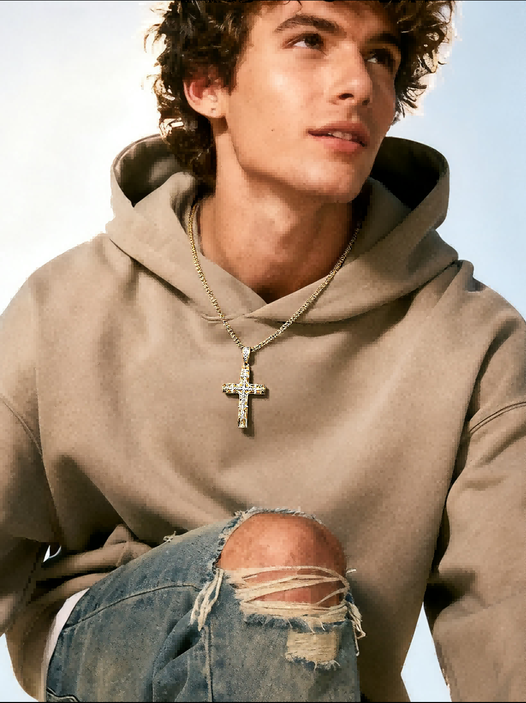 Own Your Bloom 14K yellow gold diamond cross pendant necklace in warm studio lighting, Miami style.