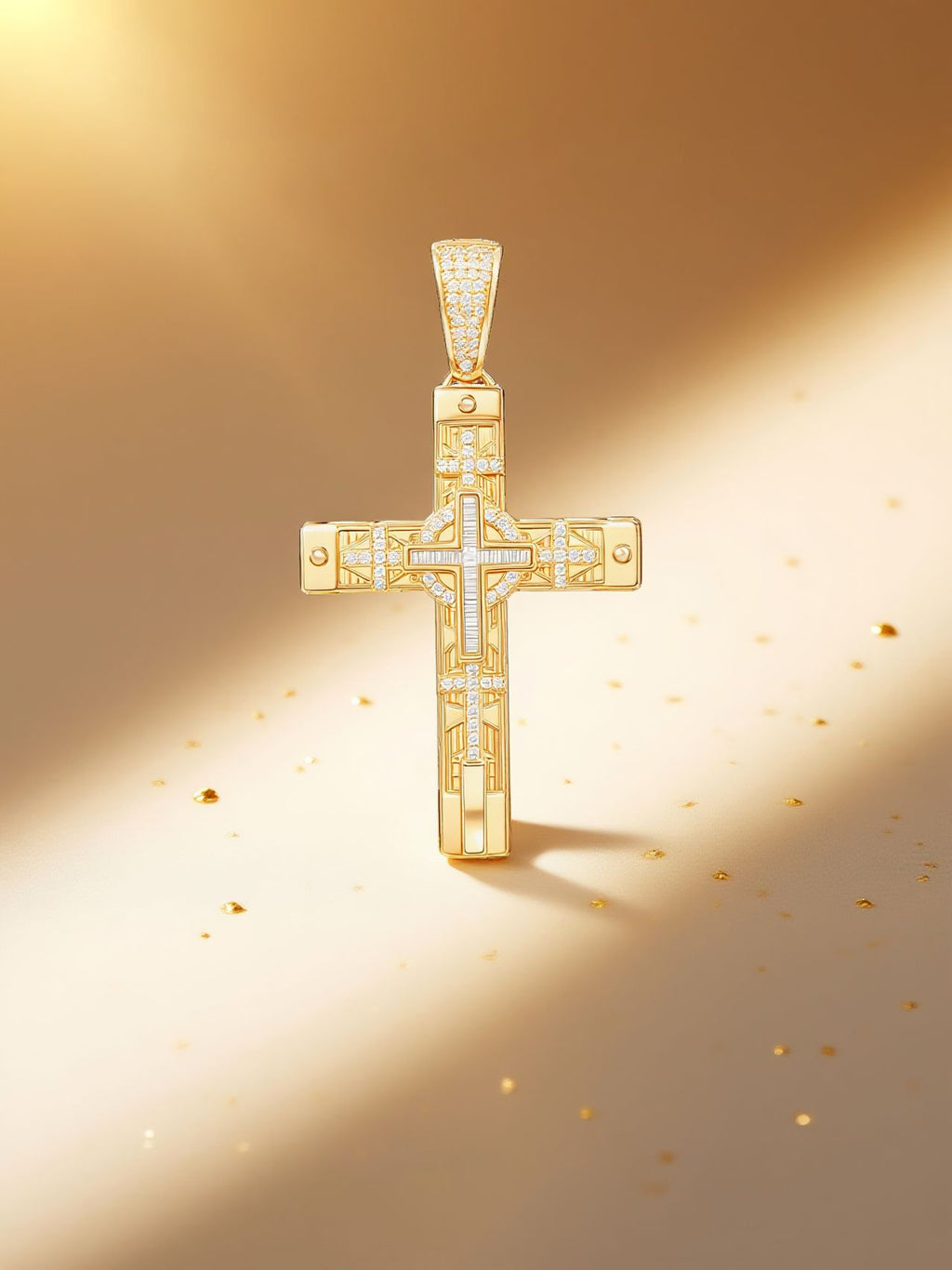 Hero shot of Own Your Bloom diamond cross pendant on golden backdrop, Houston luxury jewelry.