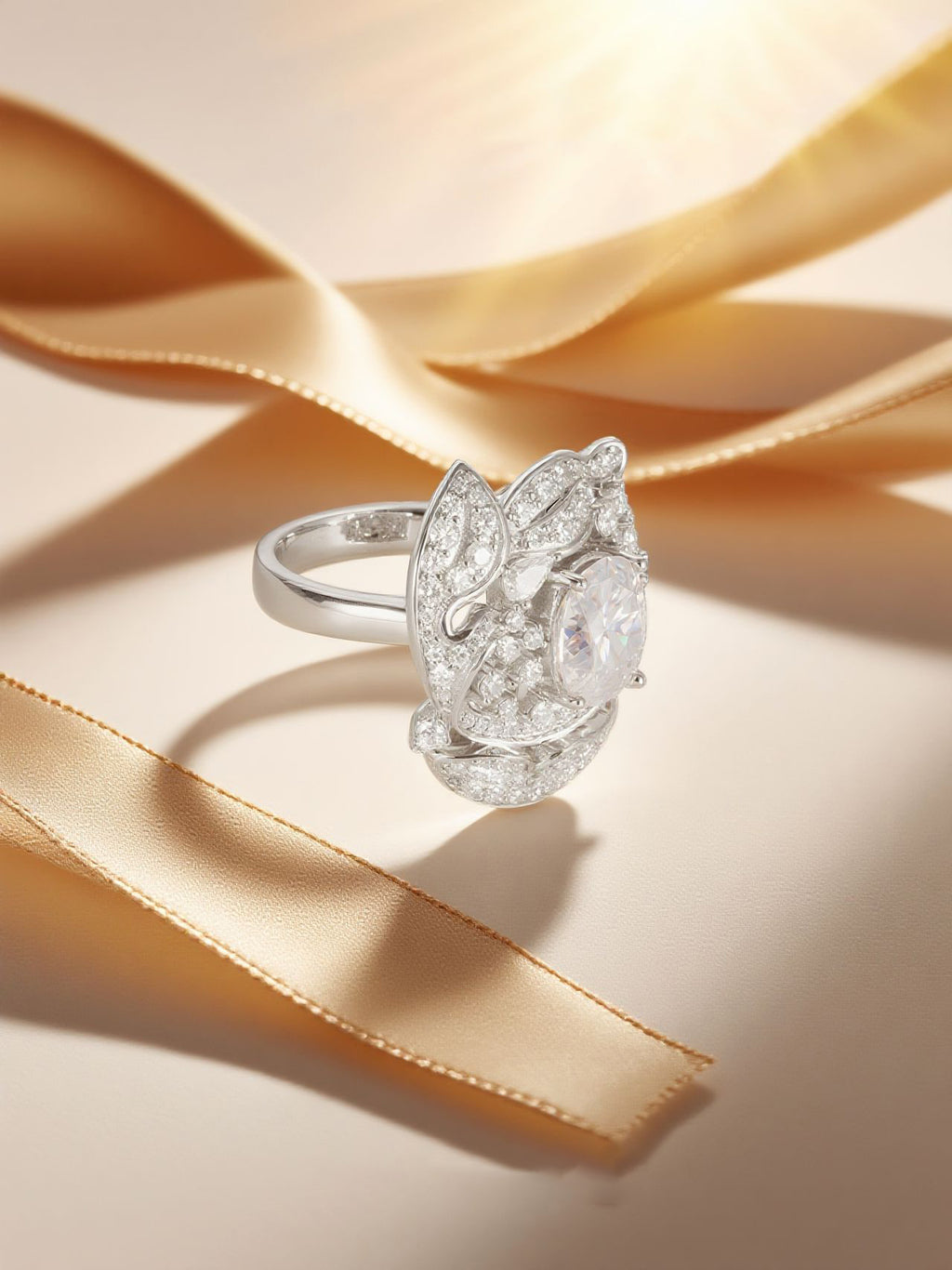 Own Your Bloom Diamond Flower Statement Ring, golden ribbon lifestyle close-up, Houston.