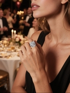 Model wearing the Own Your Bloom Diamond Flower Statement Ring at an evening dinner event, Dallas.