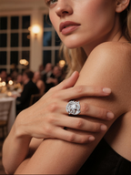 Model portrait showing the Own Your Bloom Diamond Flower Statement Ring, elegant party background, Boston.