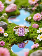 Own Your Bloom 14K rose gold pink gemstone ring with nature reflection on mirror surface, floral luxury concept, Dallas.