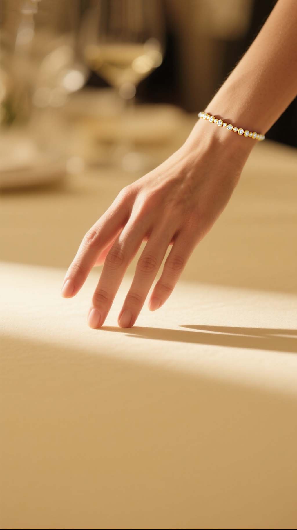 Own Your Bloom gold bezel diamond tennis bracelet worn by woman in elegant evening dress, luxury fine jewelry glow, New York.