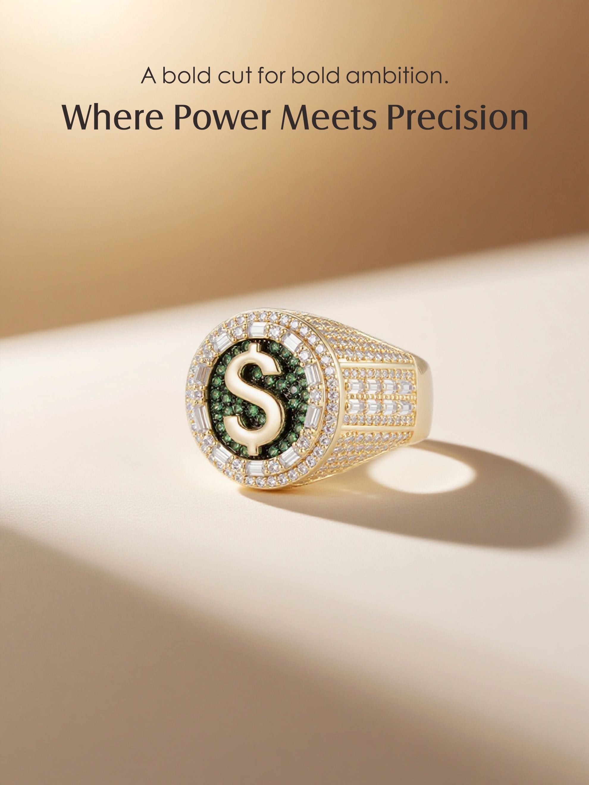 Angled studio shot of Own Your Bloom gold-plated dollar sign signet ring, polished finish and pavé setting.