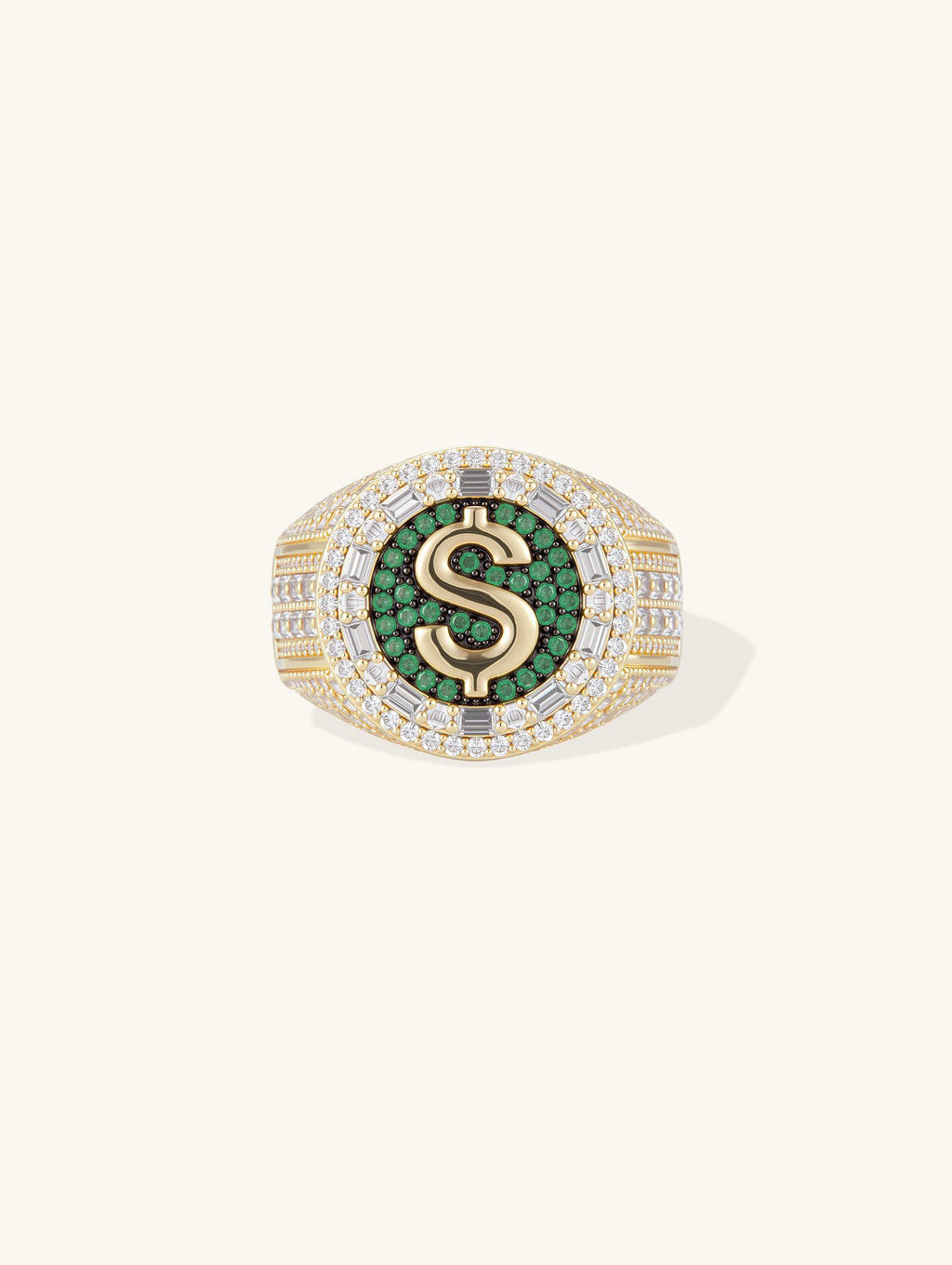 Own Your Bloom 14K gold-plated dollar sign signet ring, front view on white background.
