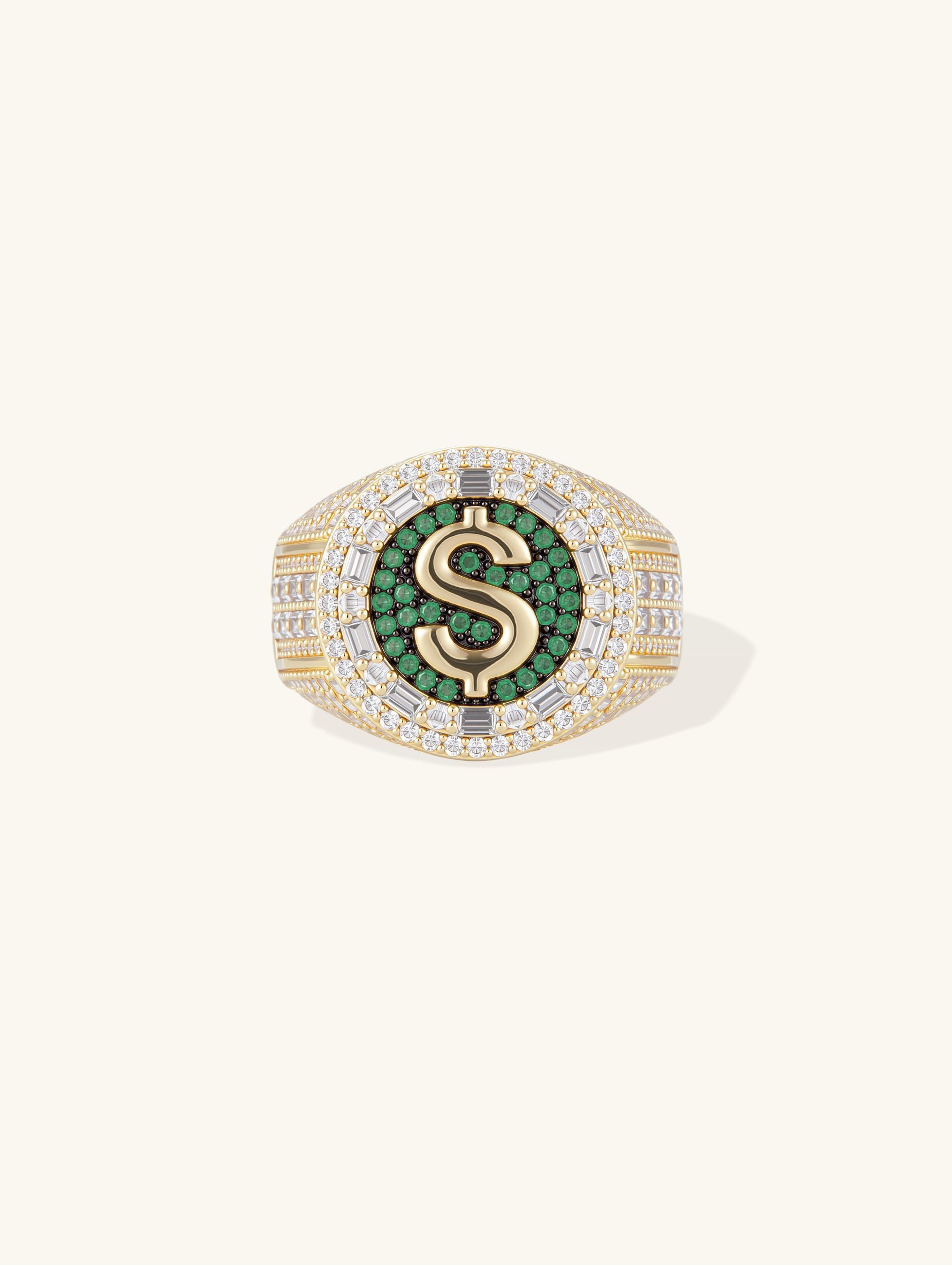 Own Your Bloom 14K gold-plated dollar sign signet ring, front view on white background.