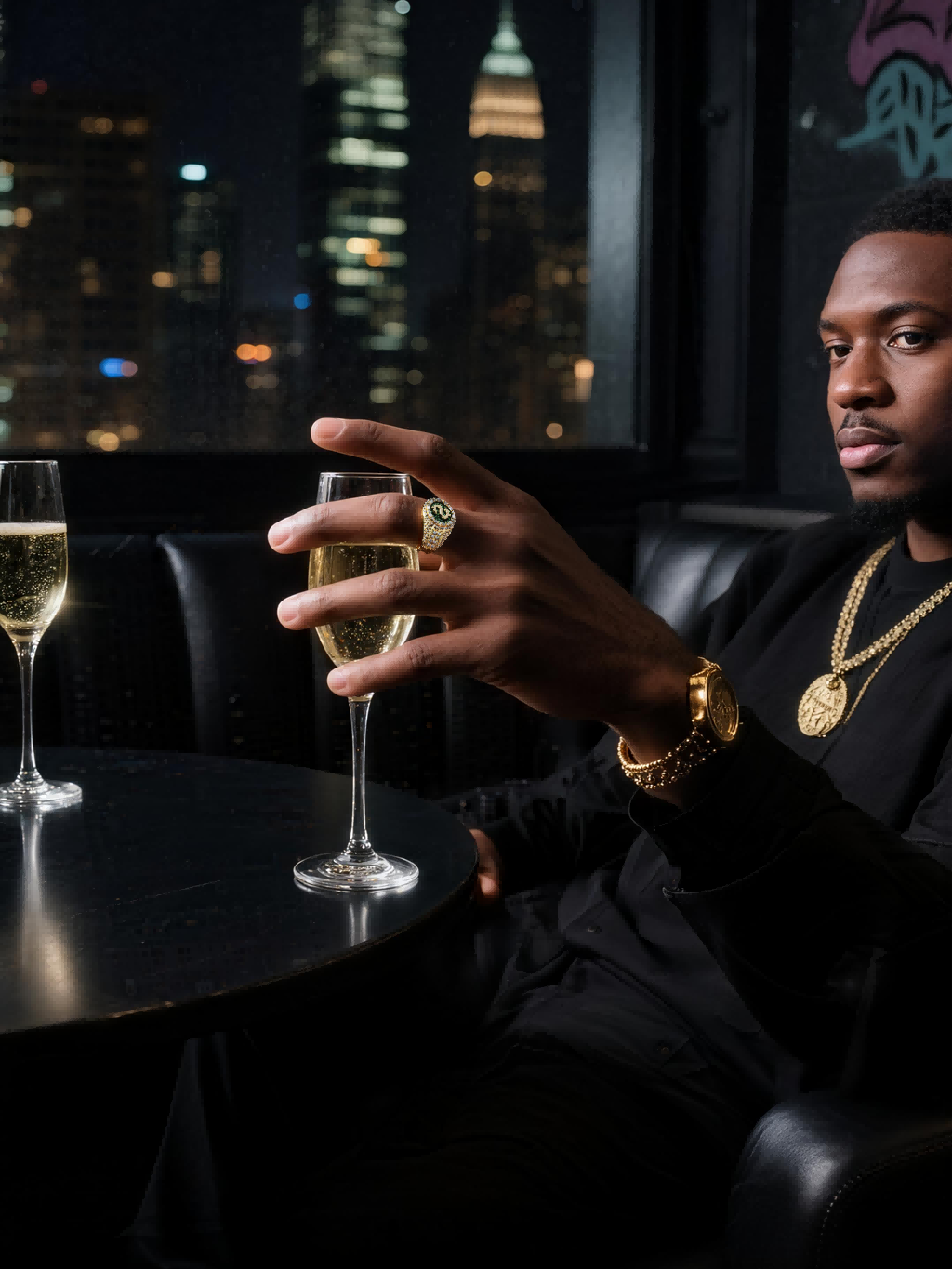 Man wearing Own Your Bloom 14K gold-plated dollar sign signet ring with green pavé stones, on-hand lifestyle shot.