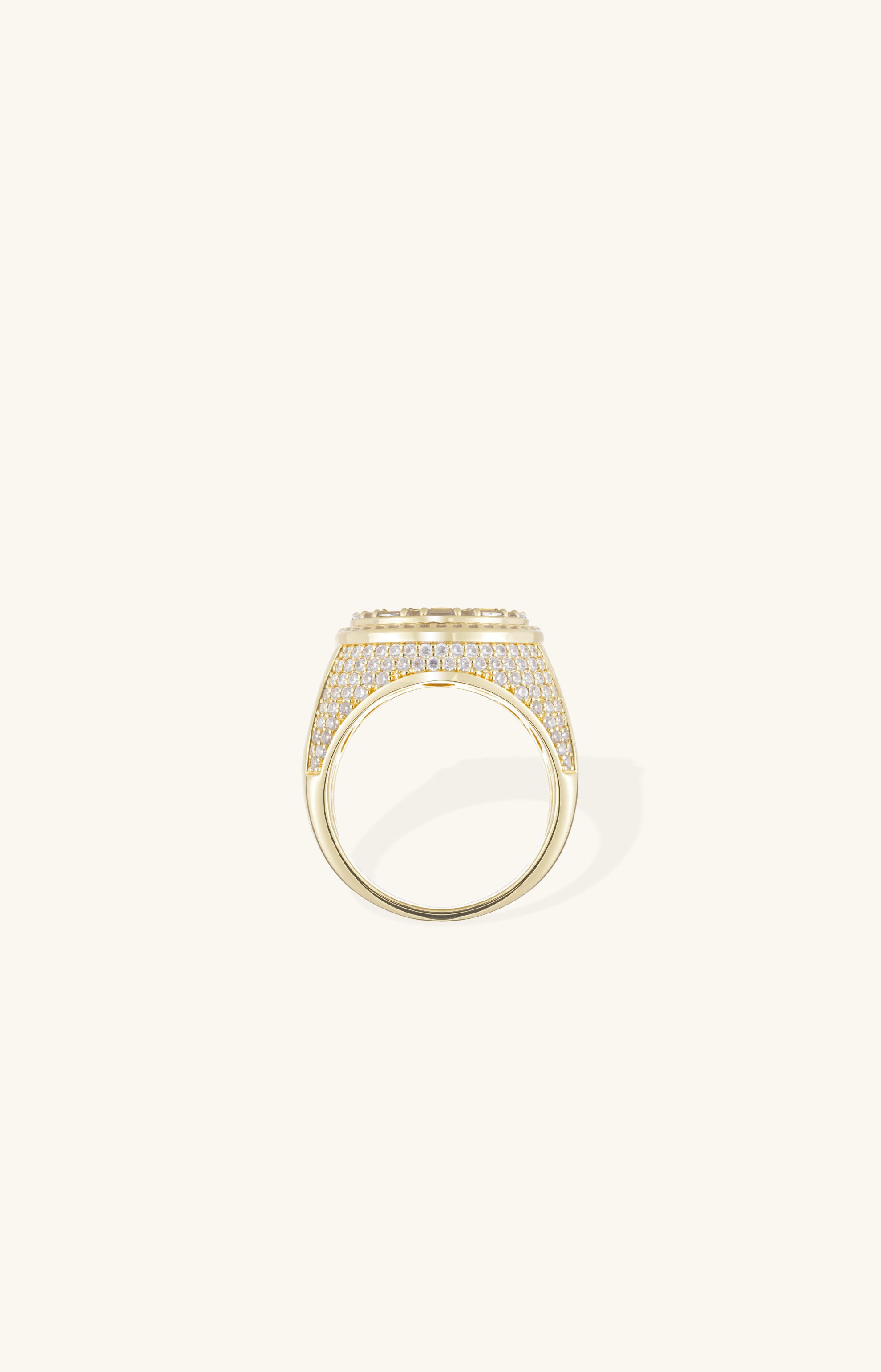 Under-view of the shank on Own Your Bloom 14K gold-plated dollar sign signet ring, clean interior and pavé sides.