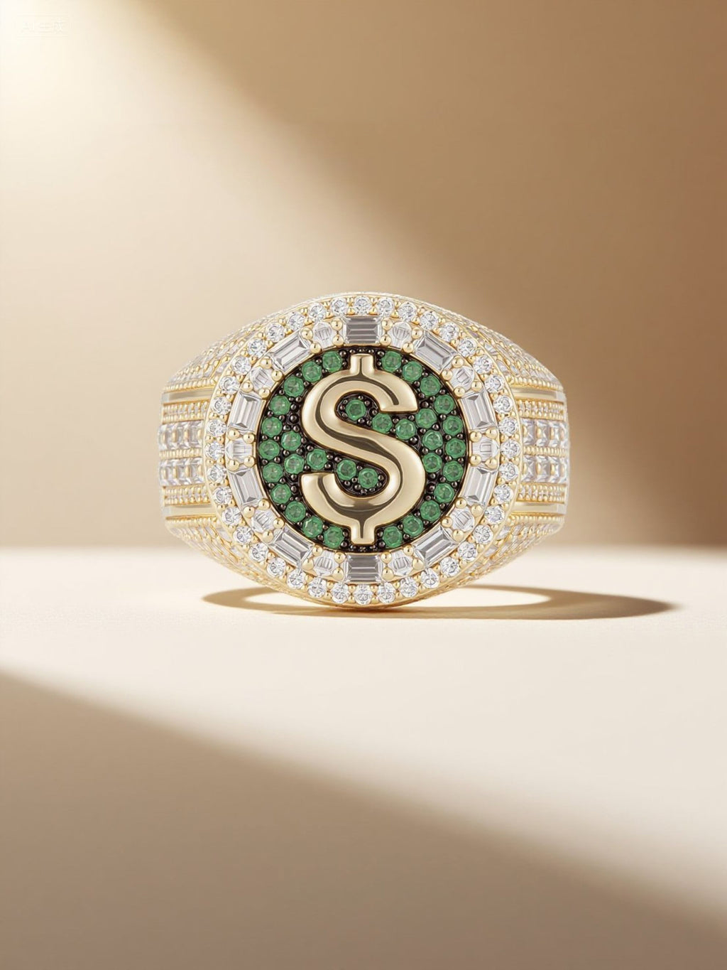 Studio hero of Own Your Bloom 14K gold-plated dollar sign ring with green pavé center and halo detail.