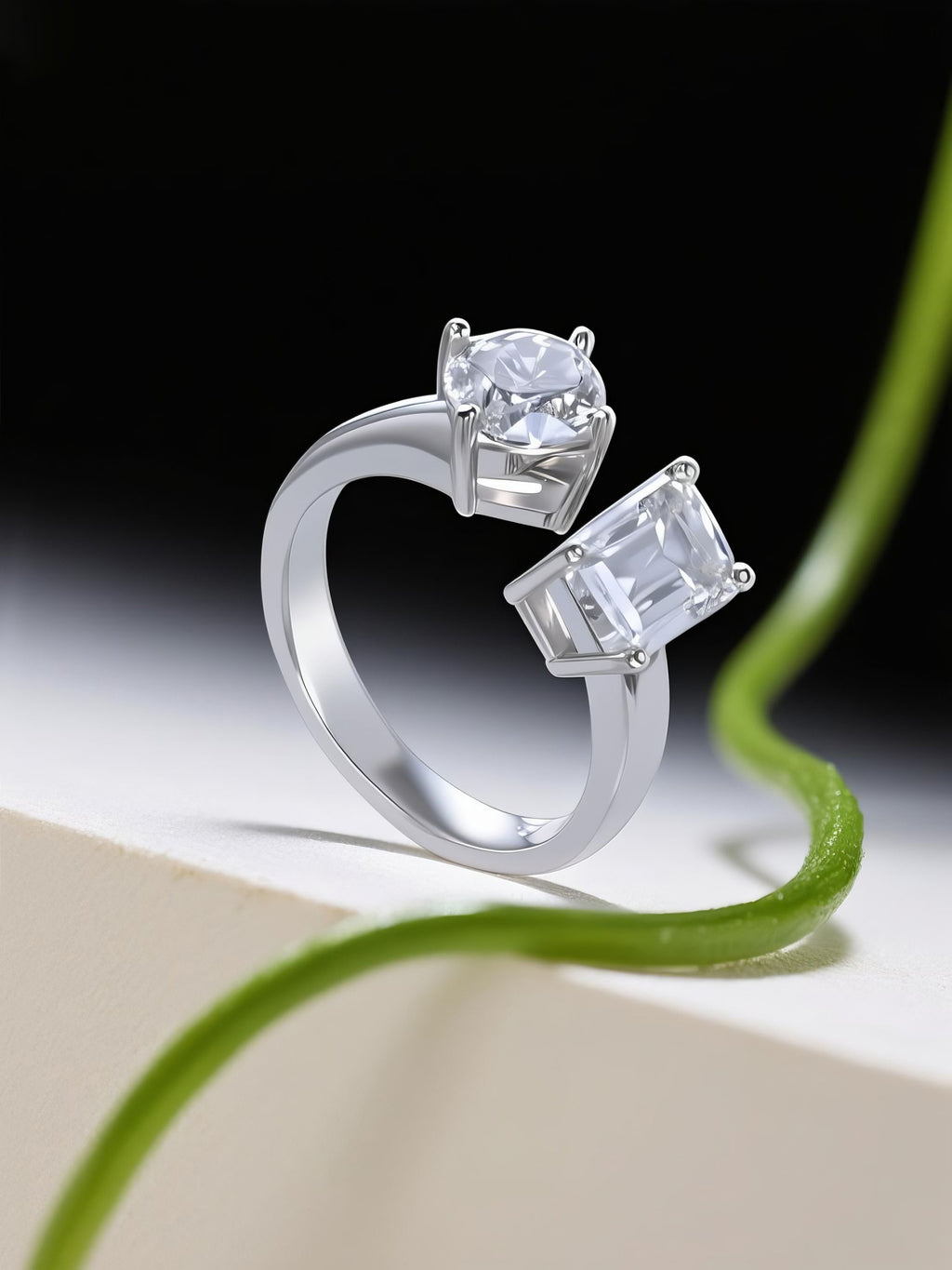 Own Your Bloom double gemstone 14K white gold ring on minimal beige backdrop, fine jewelry artistry and detail, Seattle.