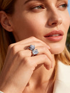 Own Your Bloom double gemstone 14K white gold ring worn by woman in black silk blouse, luxury workwear elegance, Chicago.