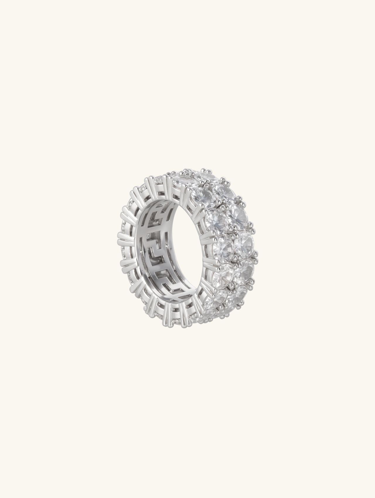 Own Your Bloom 14K white gold–plated double-row round eternity ring, angled view on white background.