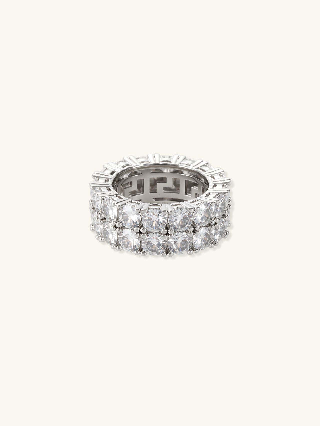 Front view of Own Your Bloom double-row round stone eternity band in white-gold-plated finish.