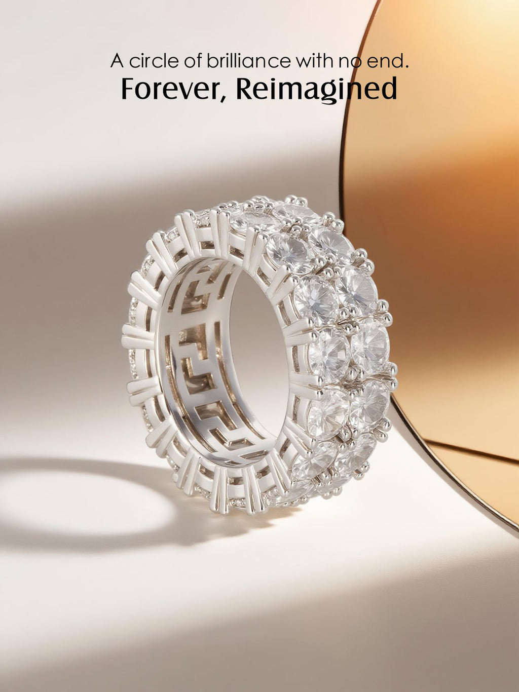 Close-up showing the round stones and continuous double-row design of the eternity ring.
