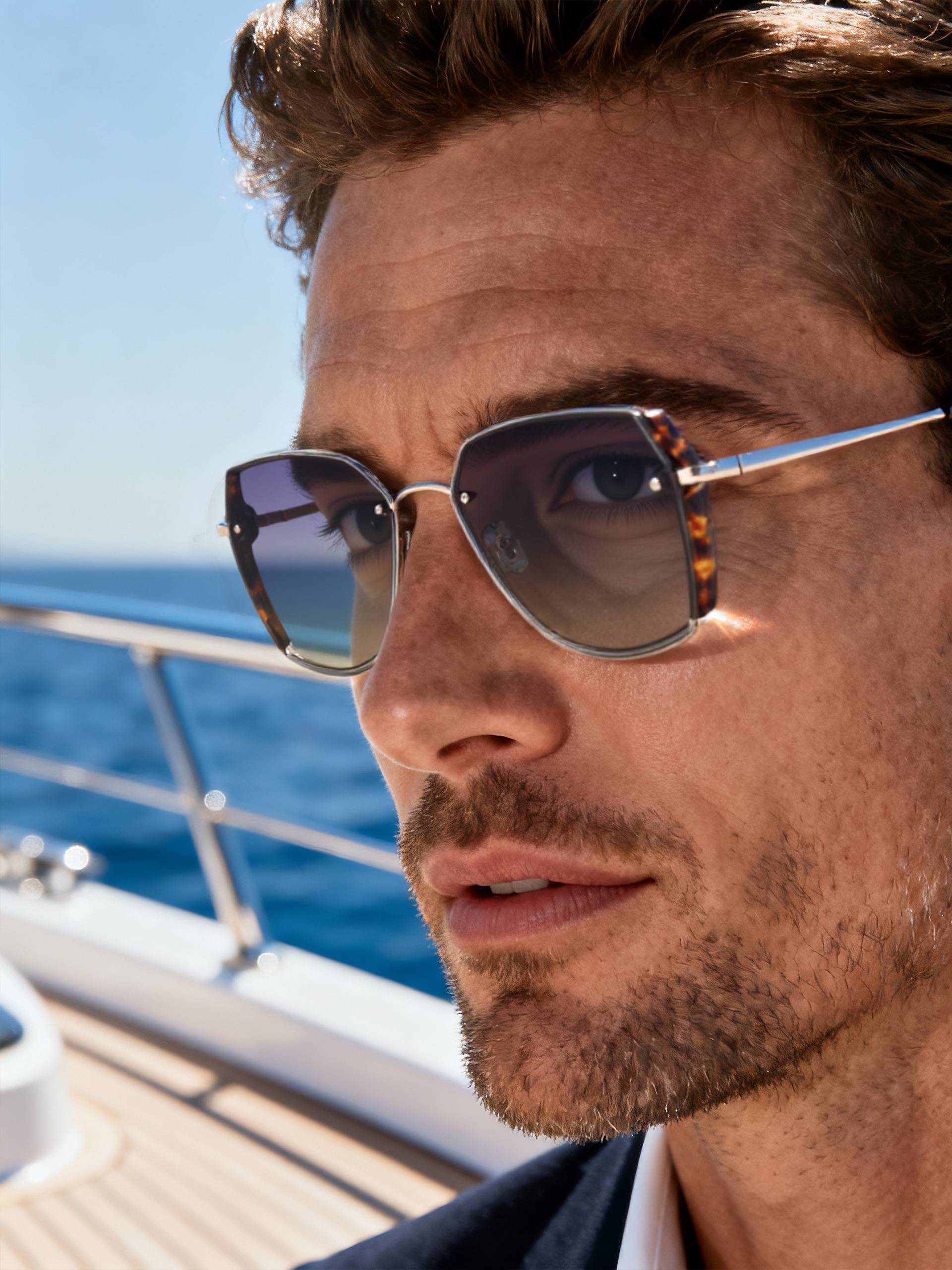 Own Your Bloom edge-sealed sunglasses placed on tennis court, luxury sports eyewear lifestyle, Miami.