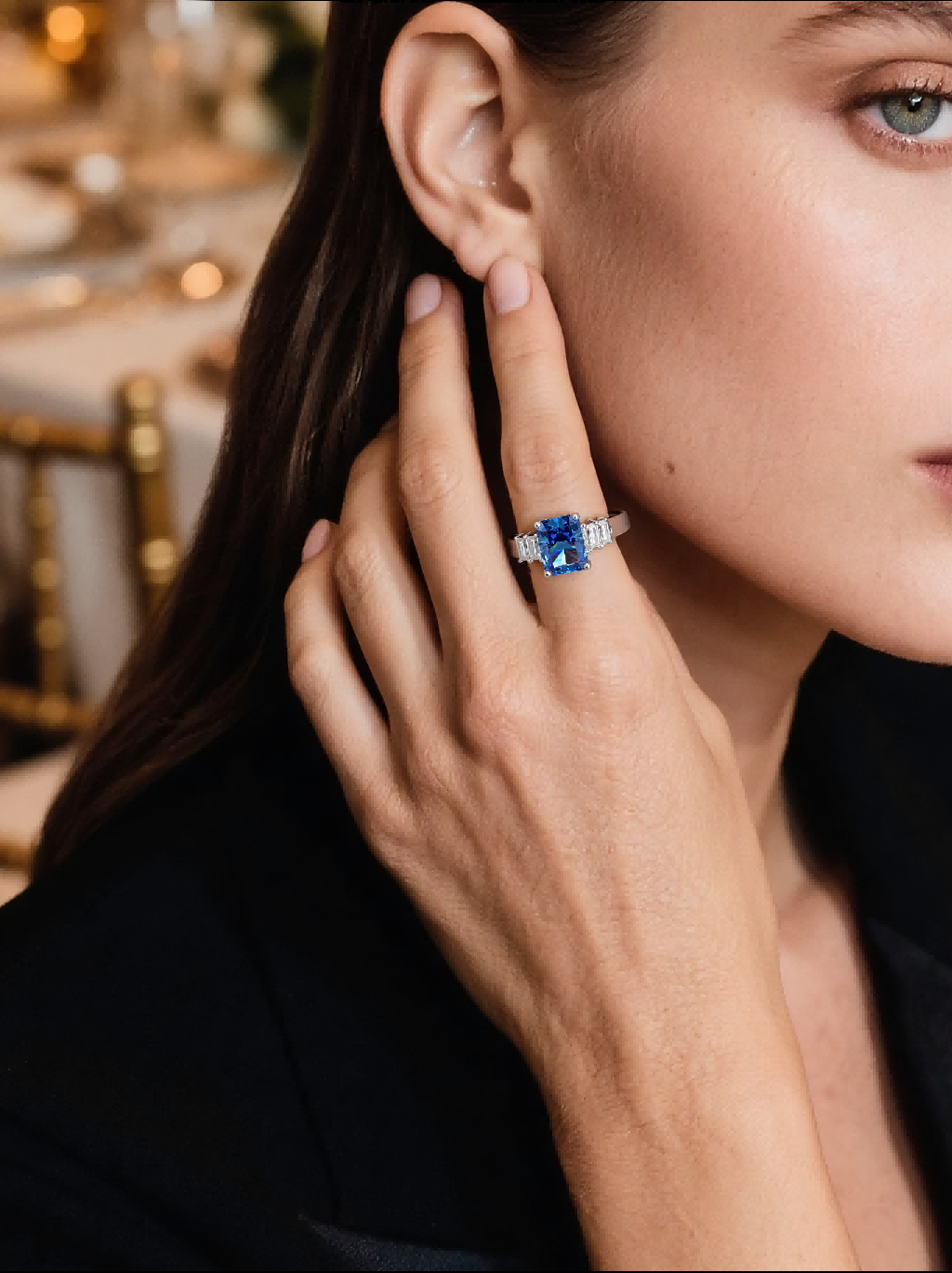 Own Your Bloom Blue Sapphire Baguette Ring on woman’s hand, radiating modern luxury and refined taste, Los Angeles.