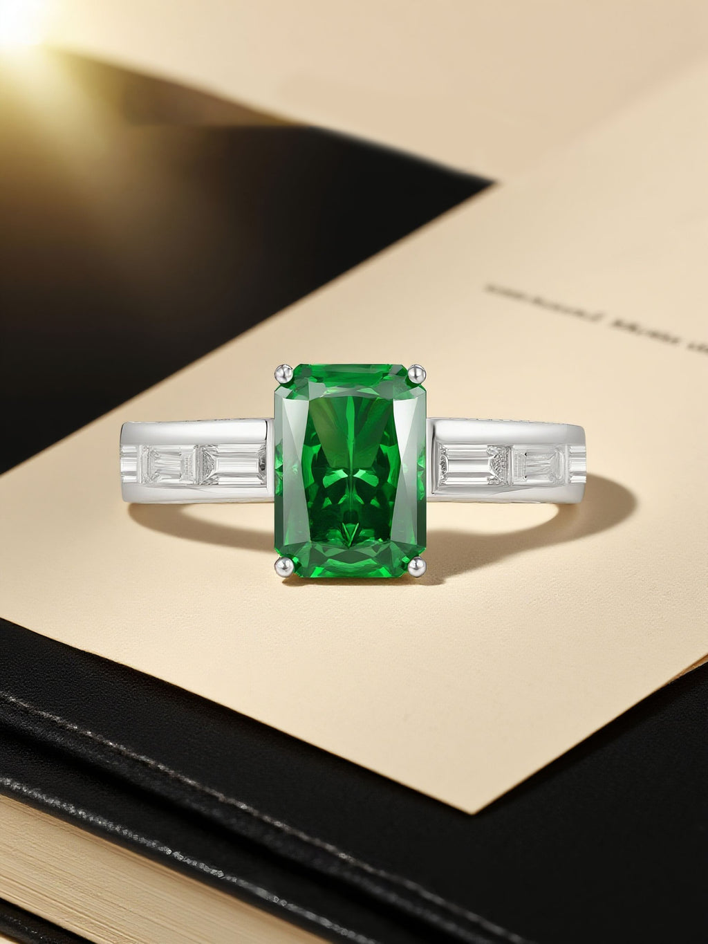 Own Your Bloom emerald cut baguette side ring displayed on black and gold surface, luxury craftsmanship jewelry, Dallas.