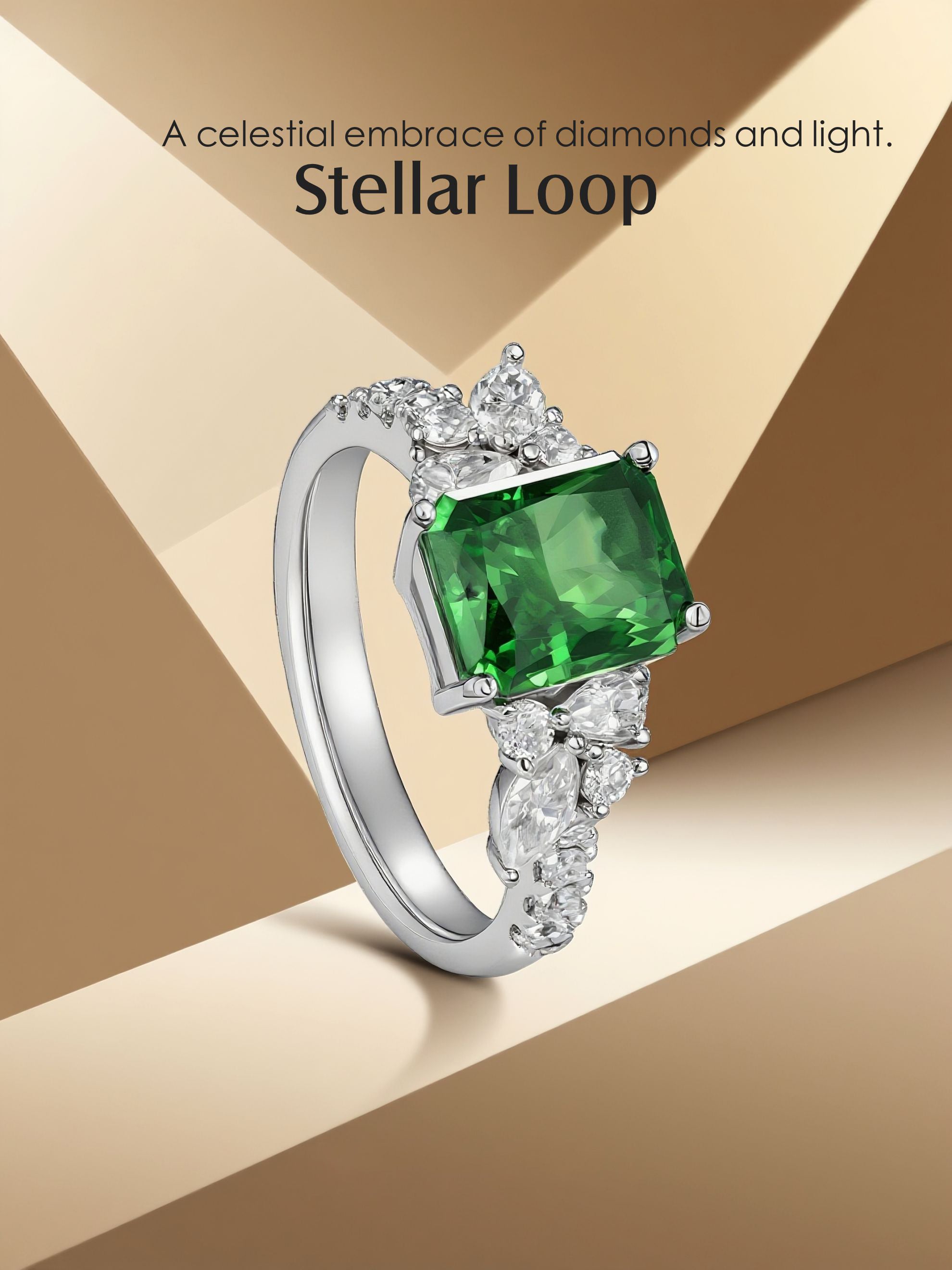 Own Your Bloom emerald gemstone cluster ring under studio lighting emphasizing the vivid green brilliance, Boston.