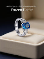Own Your Bloom Blue Sapphire Baguette Ring displayed in jewelry box under soft light, symbolizing modern refinement, Miami.