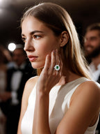 Own Your Bloom emerald diamond halo ring on woman’s hand in natural light, timeless luxury jewelry style, New York.