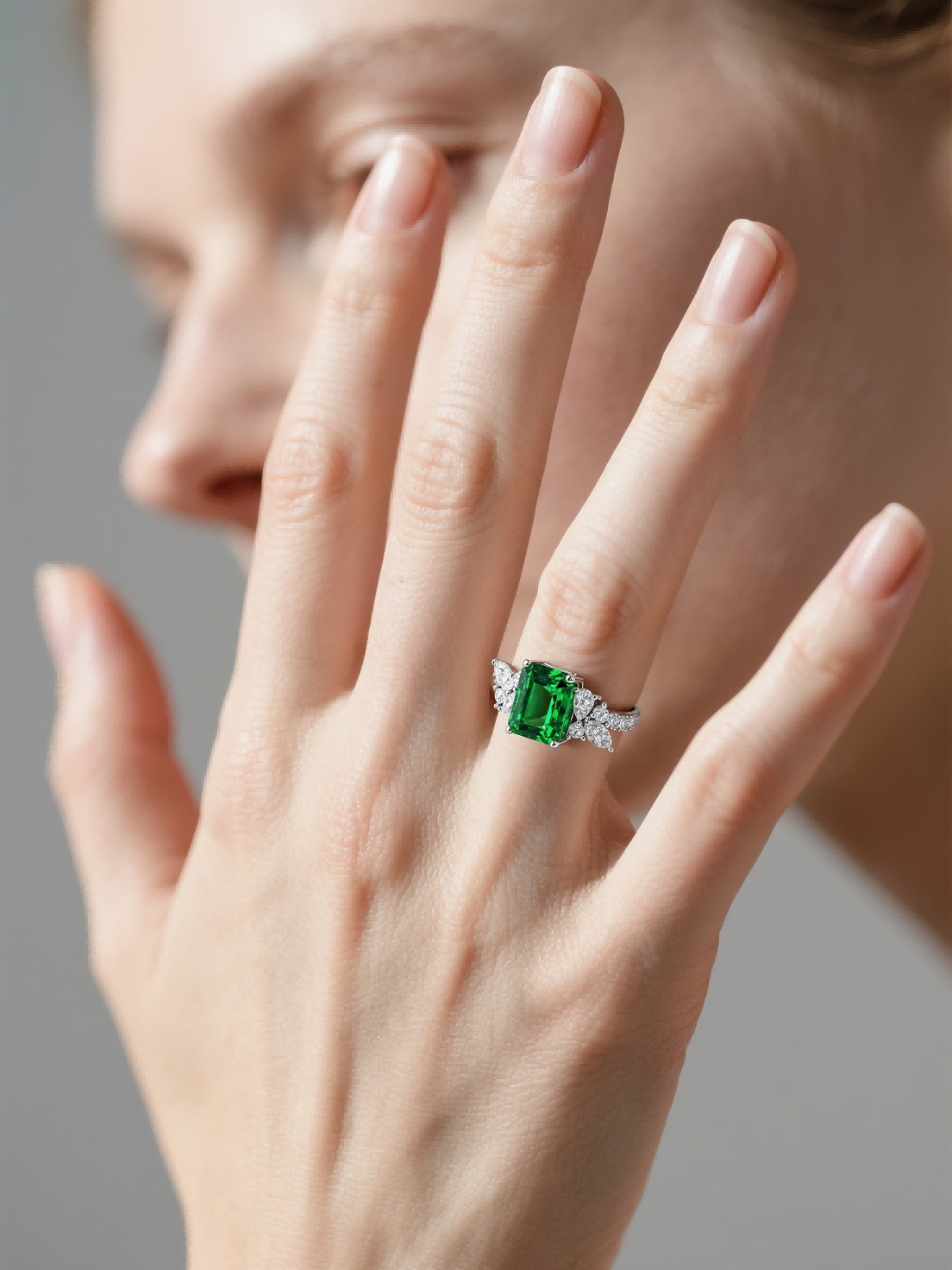 Own Your Bloom emerald green cluster ring worn by woman holding coffee cup, elegant fine jewelry style, New York.