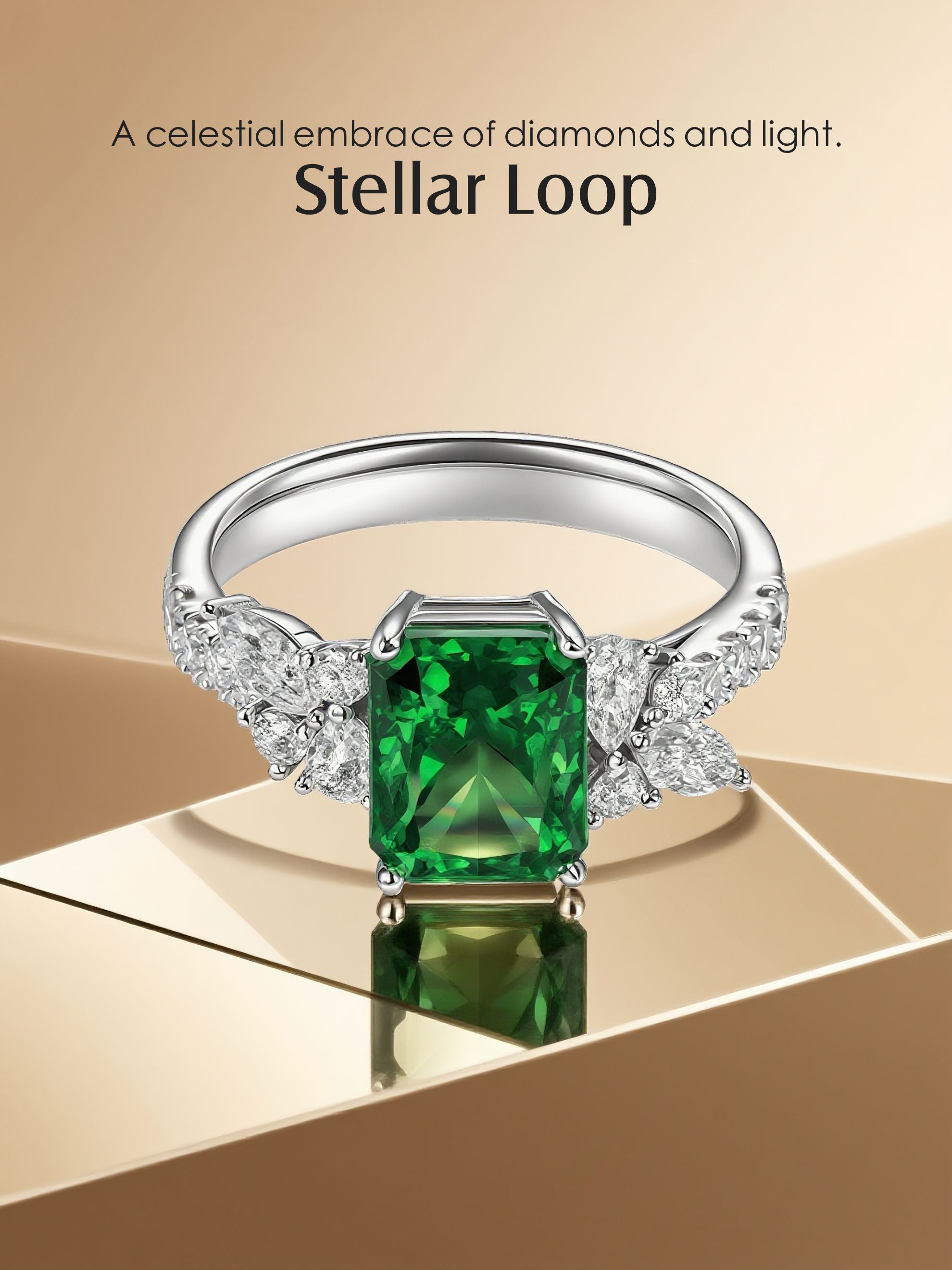Own Your Bloom emerald green diamond ring on luxurious geometric backdrop under warm light reflection, Dallas.