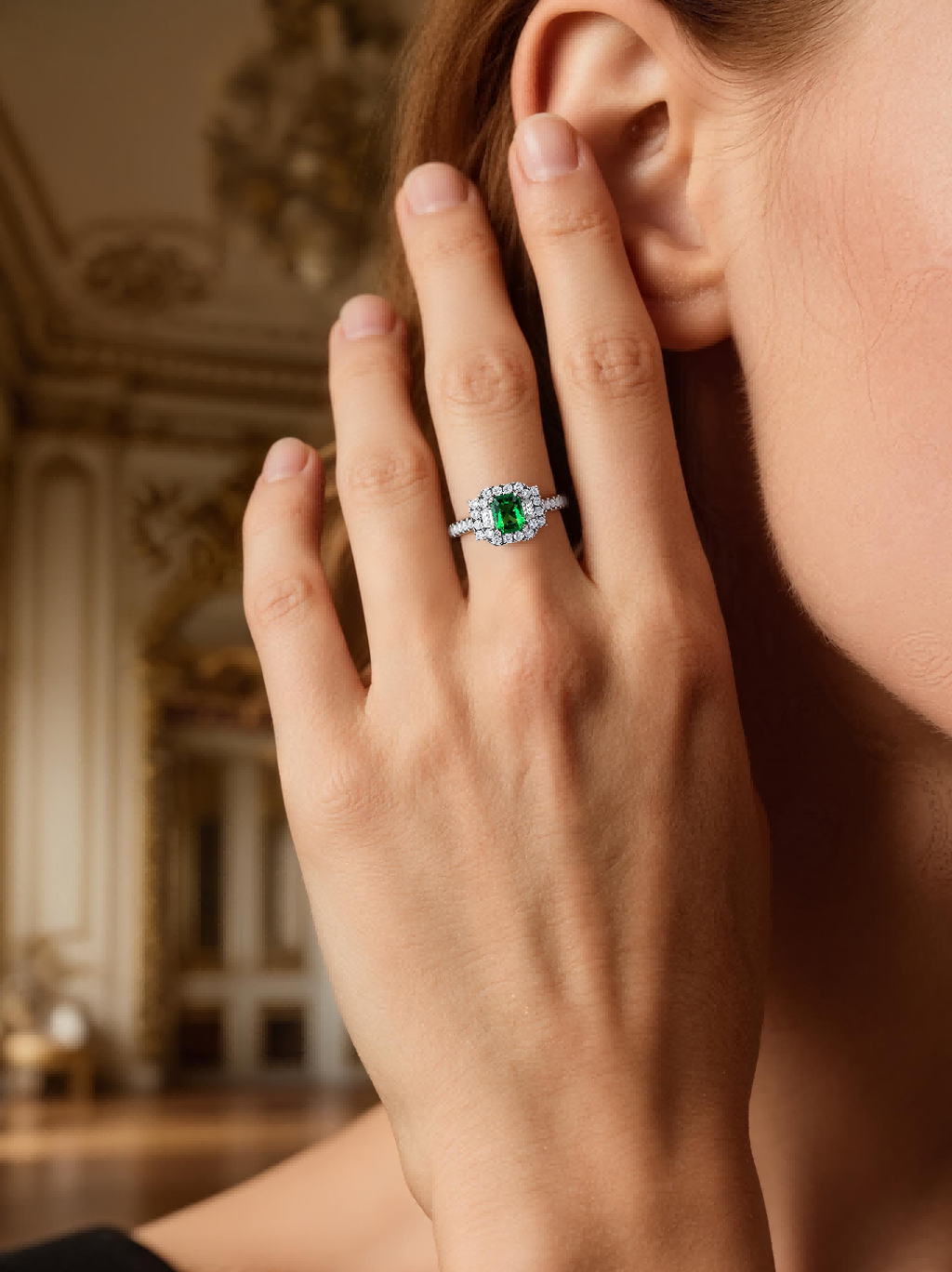 Own Your Bloom emerald halo diamond ring worn by woman in elegant setting, featuring radiant green gemstone and white gold shine, New York.