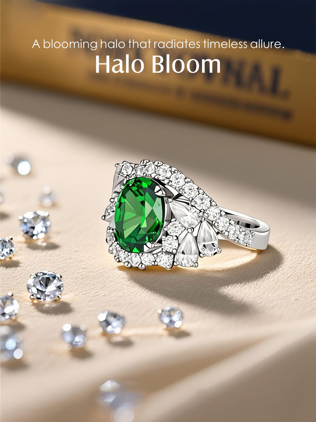 Own Your Bloom emerald halo diamond ring in artistic lighting setup, modern fine jewelry for timeless style, Boston.