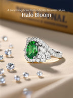 Own Your Bloom emerald halo diamond ring in artistic lighting setup, modern fine jewelry for timeless style, Boston.