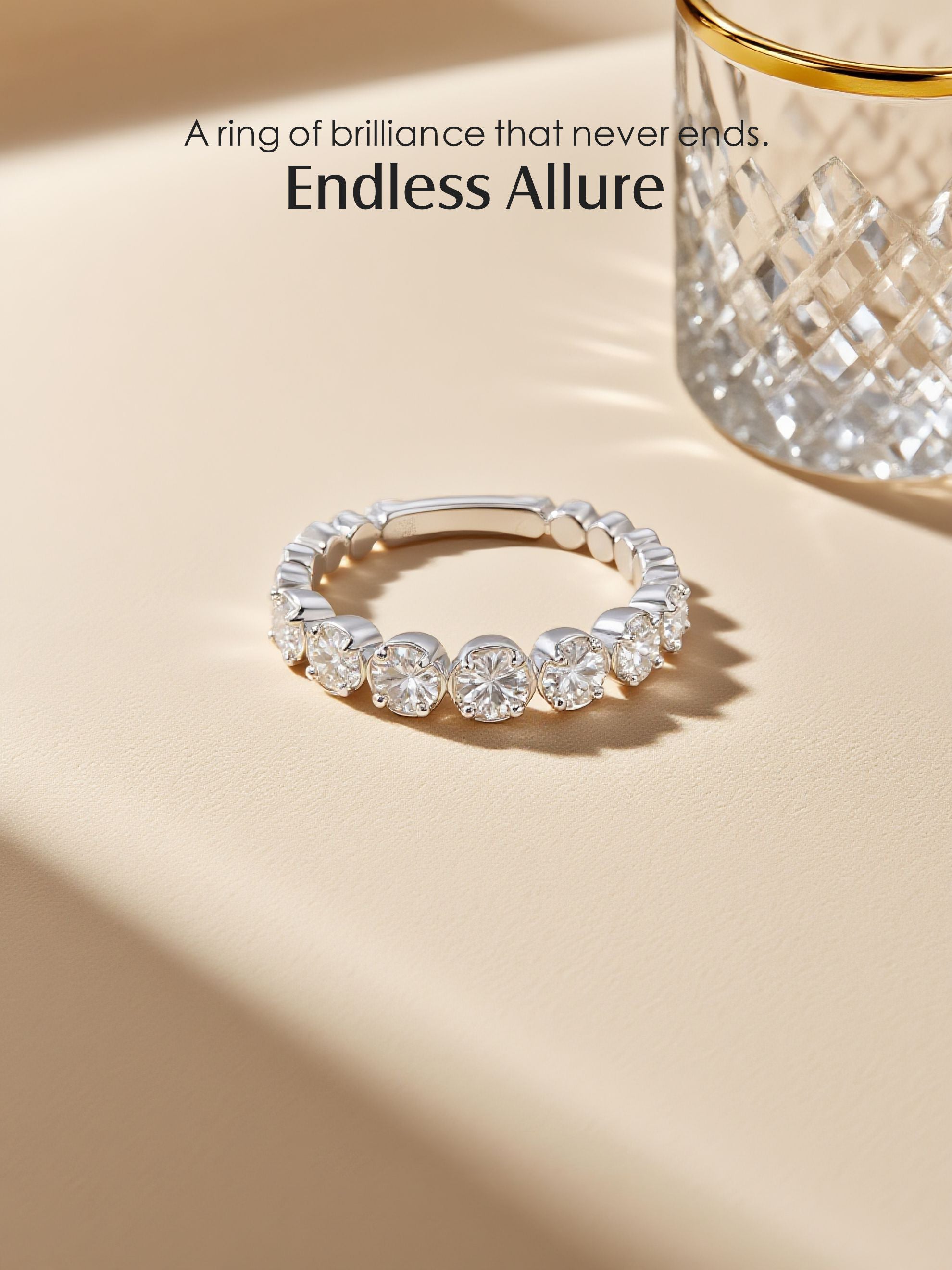 Own Your Bloom diamond eternity ring on woman’s hand, minimal yet radiant jewelry styling, New York.