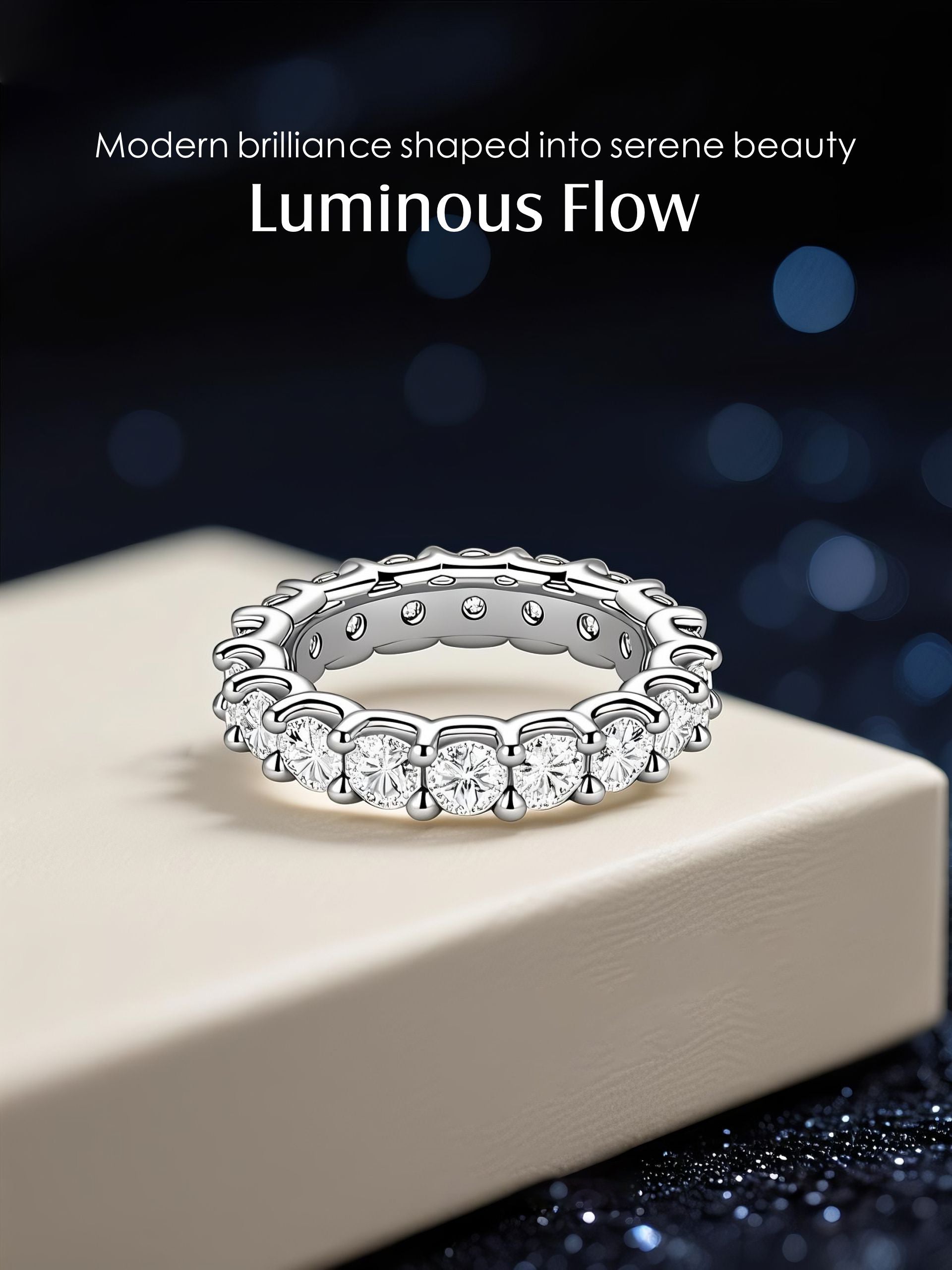 Own Your Bloom Full Eternity Ring displayed with glowing background, representing refined artistry and modern glamour, Boston.