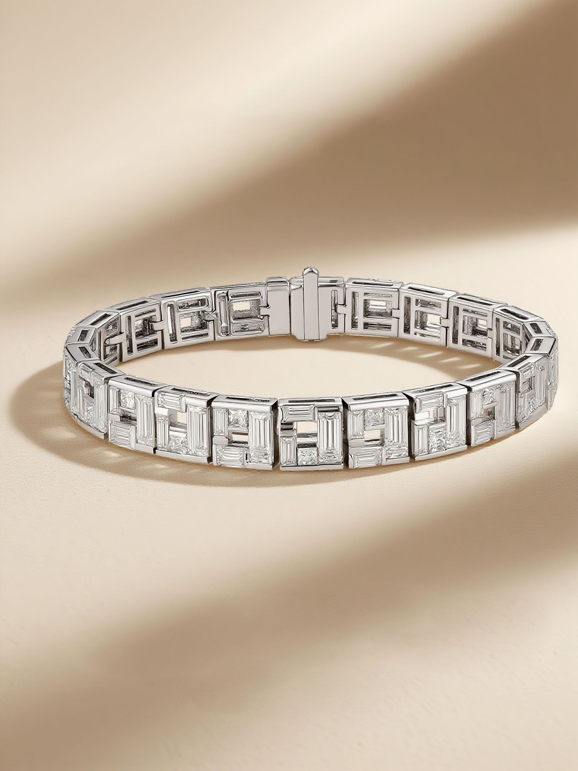 Own Your Bloom Gleam Grid Crystal Bracelet elegantly displayed under warm light, highlighting its modern geometric shine, Miami.