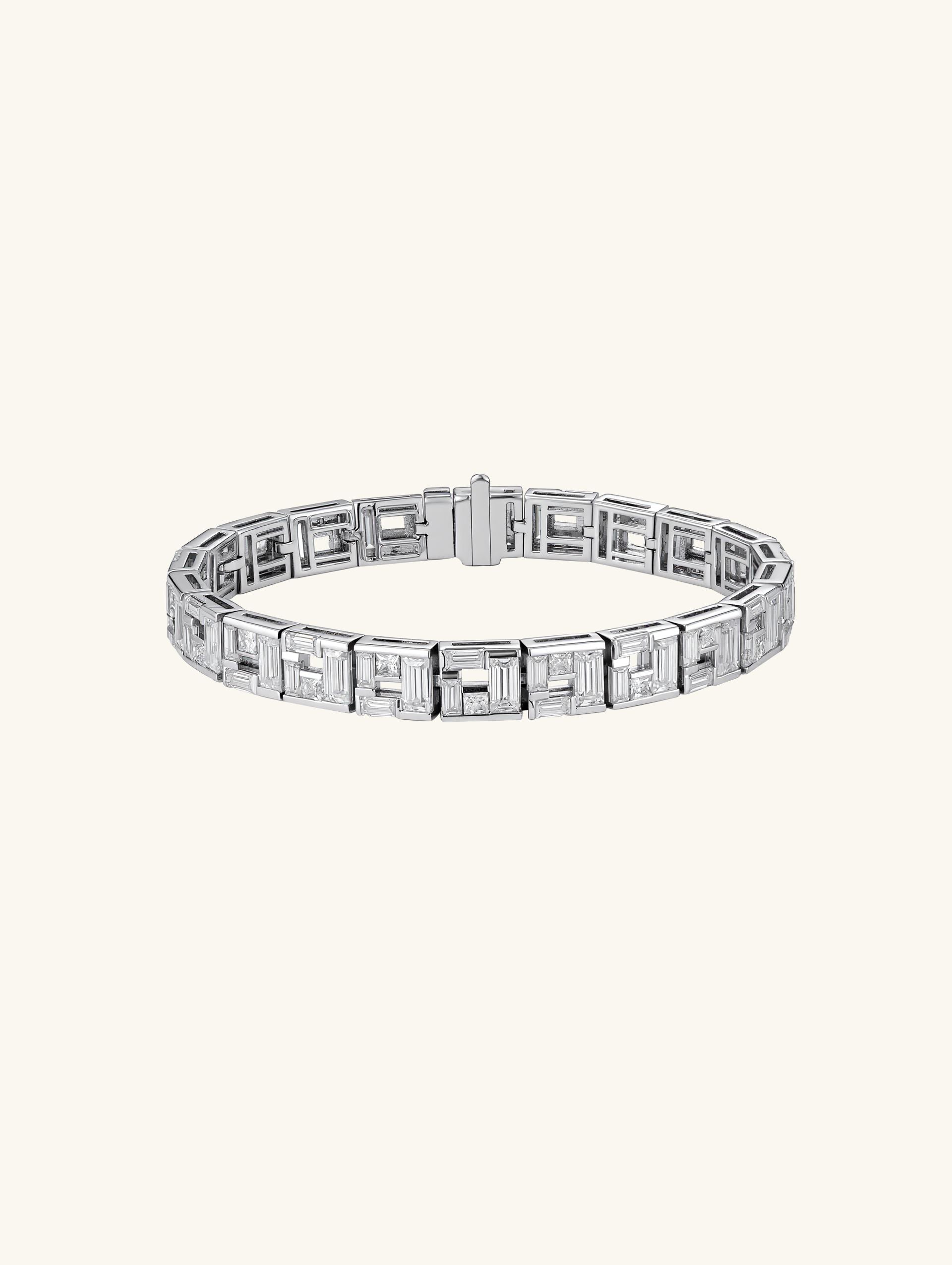 Own Your Bloom Gleam Grid Structured Crystal Bracelet front view showing geometric silver design with precision-cut baguette crystals, New York.
