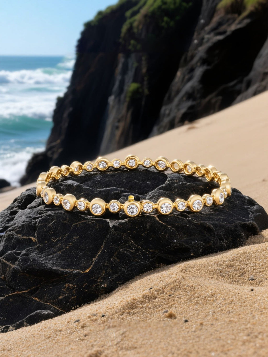 Own Your Bloom gold bezel diamond tennis bracelet displayed on seaside rocks under natural sunlight, symbolizing radiant luxury, Miami.