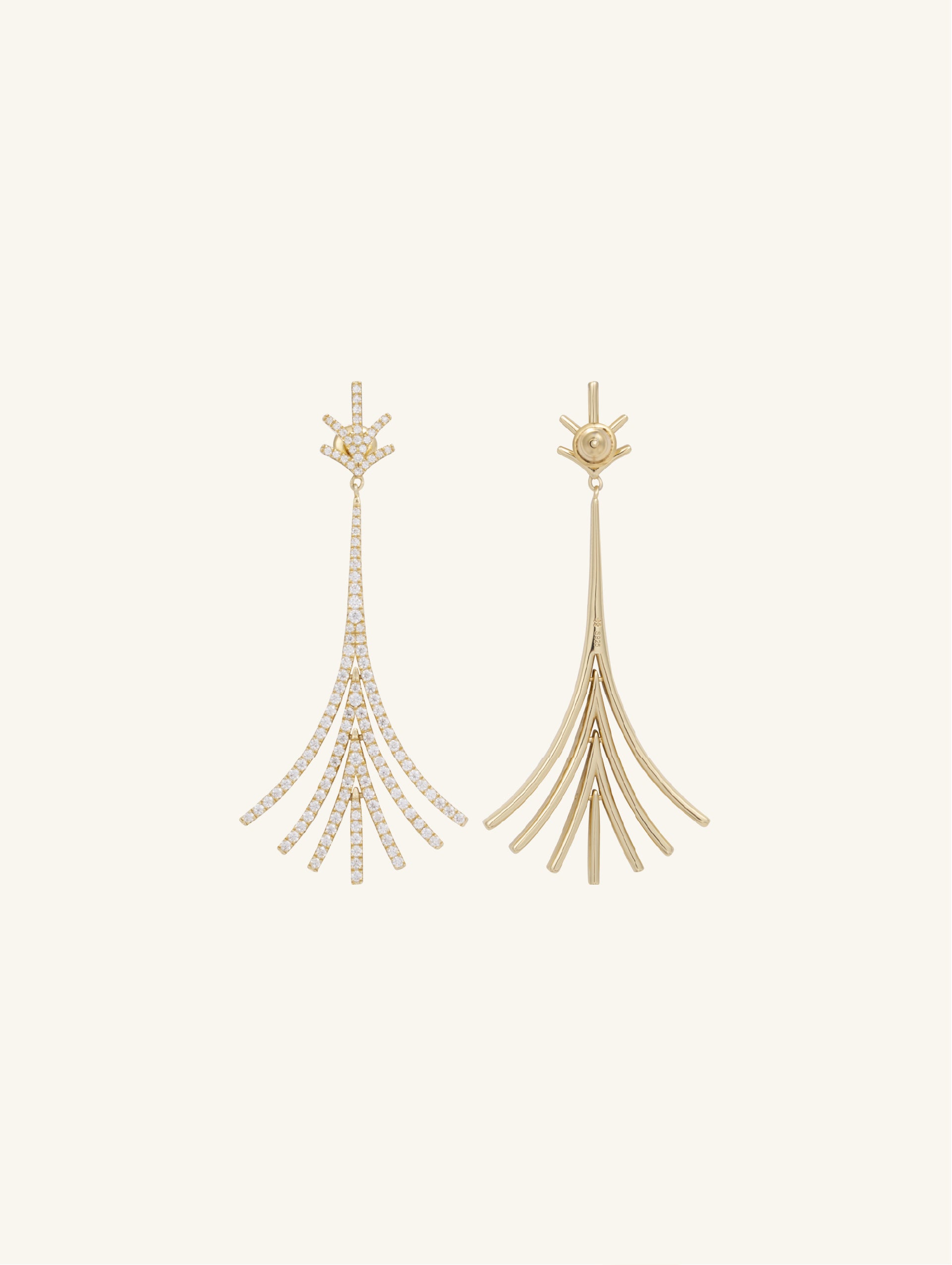 Own Your Bloom Twilight Bloom 14K gold long drop earrings side angle highlighting cascading design and brilliant moissanite stones, Los Angeles.