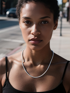Own Your Bloom Tennis Diamond Necklace 3mm worn by woman outdoors, exuding understated luxury and grace, New York.