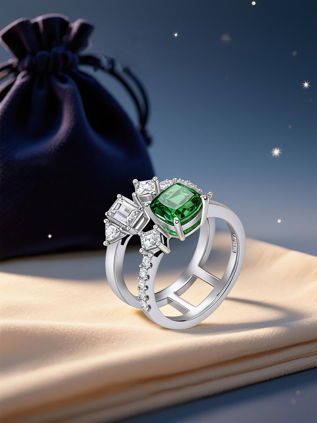 Own Your Bloom green cushion diamond ring on elegant fabric background with soft shadow and jewelry pouch, Dallas.