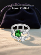 Own Your Bloom green cushion double band ring showcased in luxury setting with elegant geometric design, Boston.