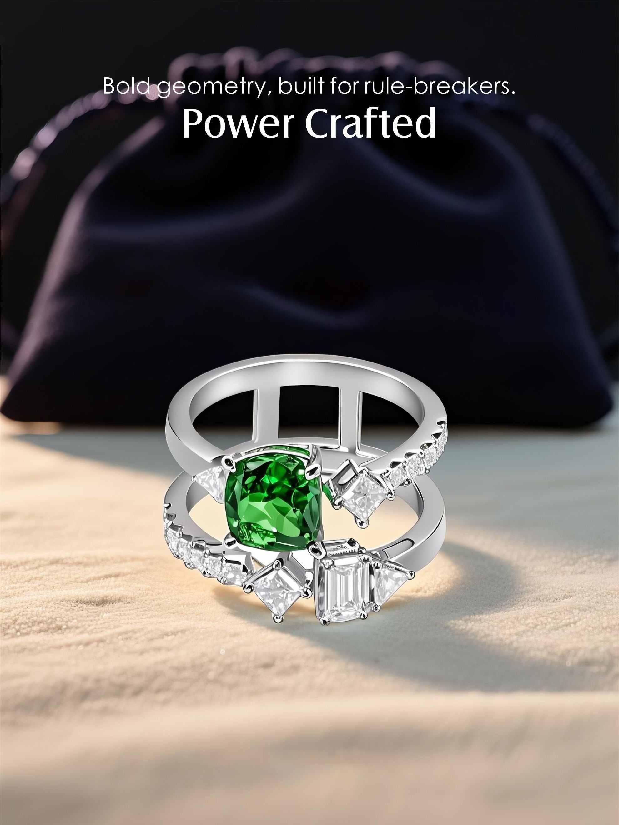 Own Your Bloom green cushion double band ring showcased in luxury setting with elegant geometric design, Boston.