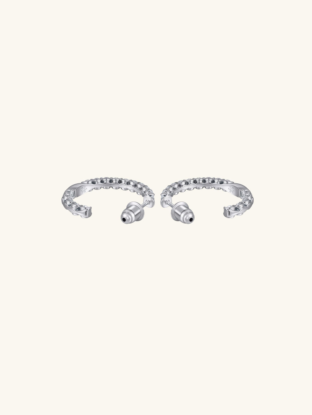 Own Your Bloom moissanite half hoop earrings side angle highlighting modern structure and sparkling stones, luxury fine jewelry, Los Angeles.