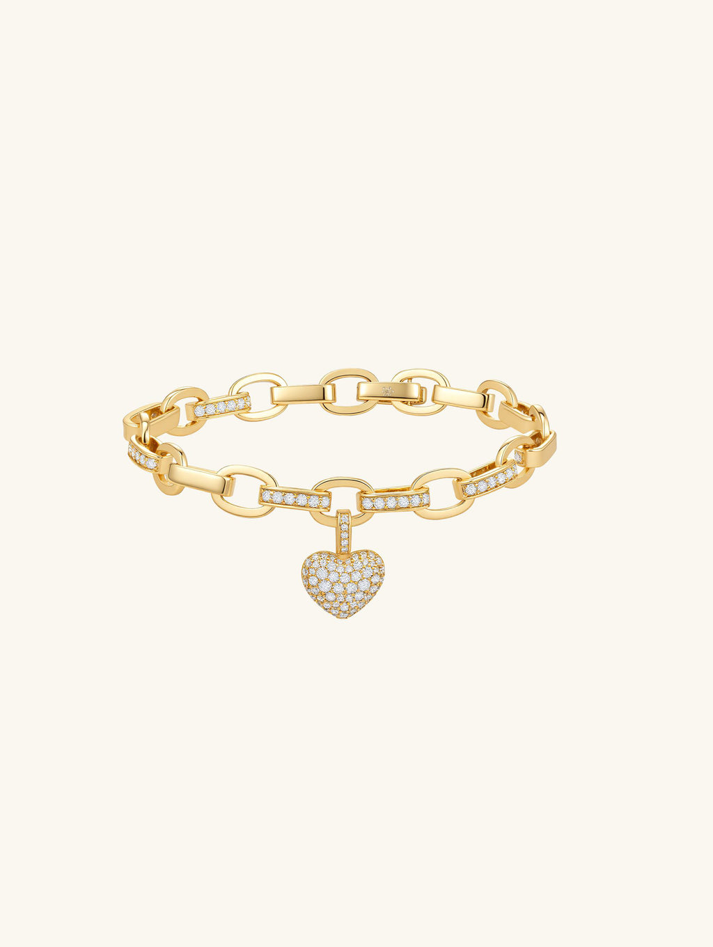 Own Your Bloom Rose Gold Heart Charm Bracelet side angle featuring polished gold chain with crystal pavé links, Los Angeles.
