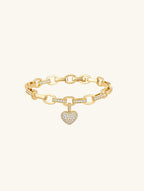 Own Your Bloom Rose Gold Heart Charm Bracelet side angle featuring polished gold chain with crystal pavé links, Los Angeles.
