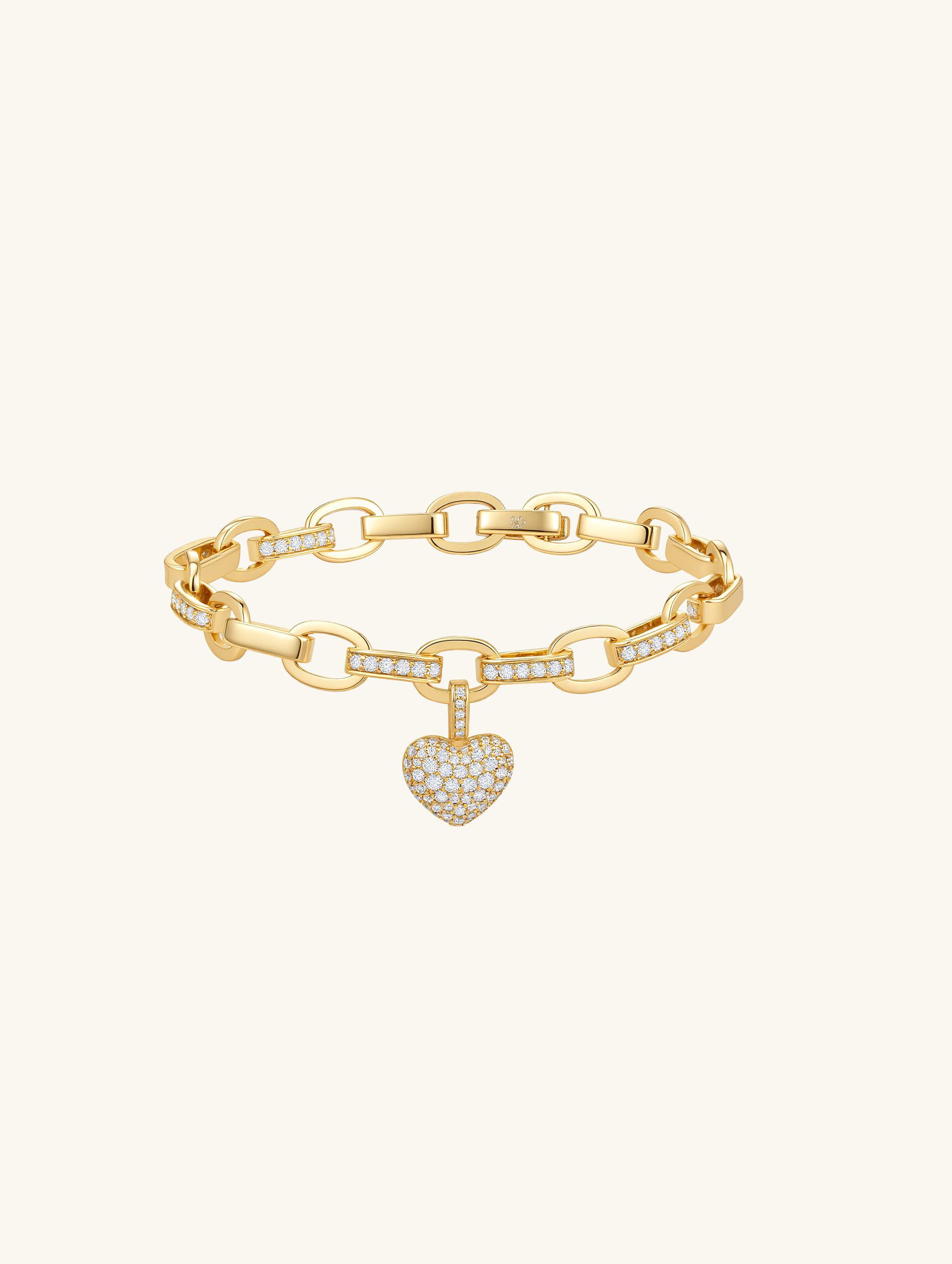 Own Your Bloom Rose Gold Heart Charm Bracelet side angle featuring polished gold chain with crystal pavé links, Los Angeles.
