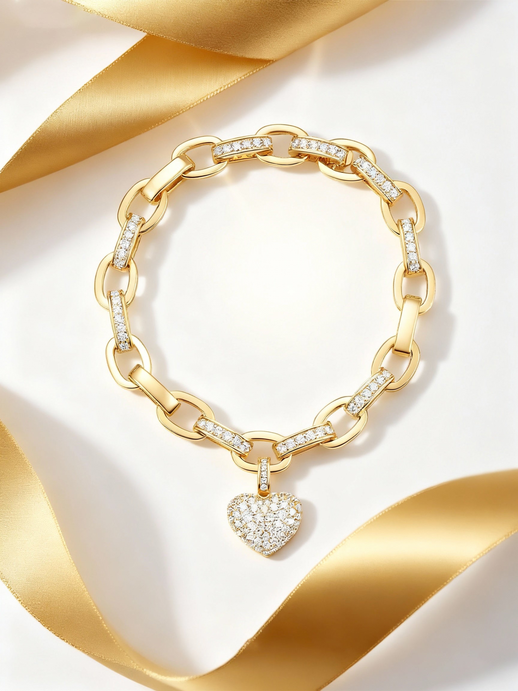 Own Your Bloom Rose Gold Heart Charm Bracelet displayed with golden ribbon, symbolizing luxury and feminine elegance, Miami.