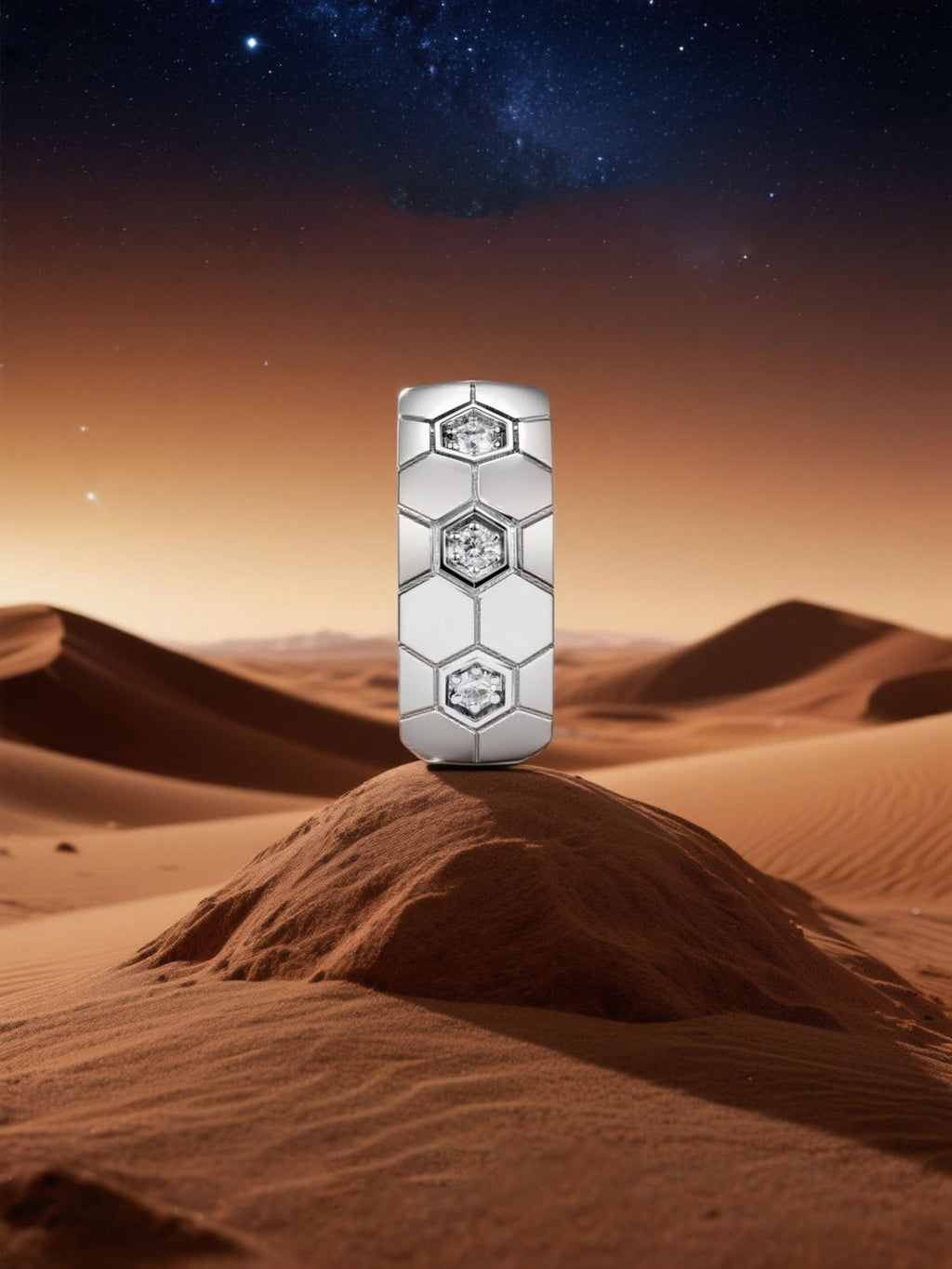 Own Your Bloom geometric silver hoop diamond earrings photographed on warm sand dunes with starry sky, luxury jewelry, Dallas.