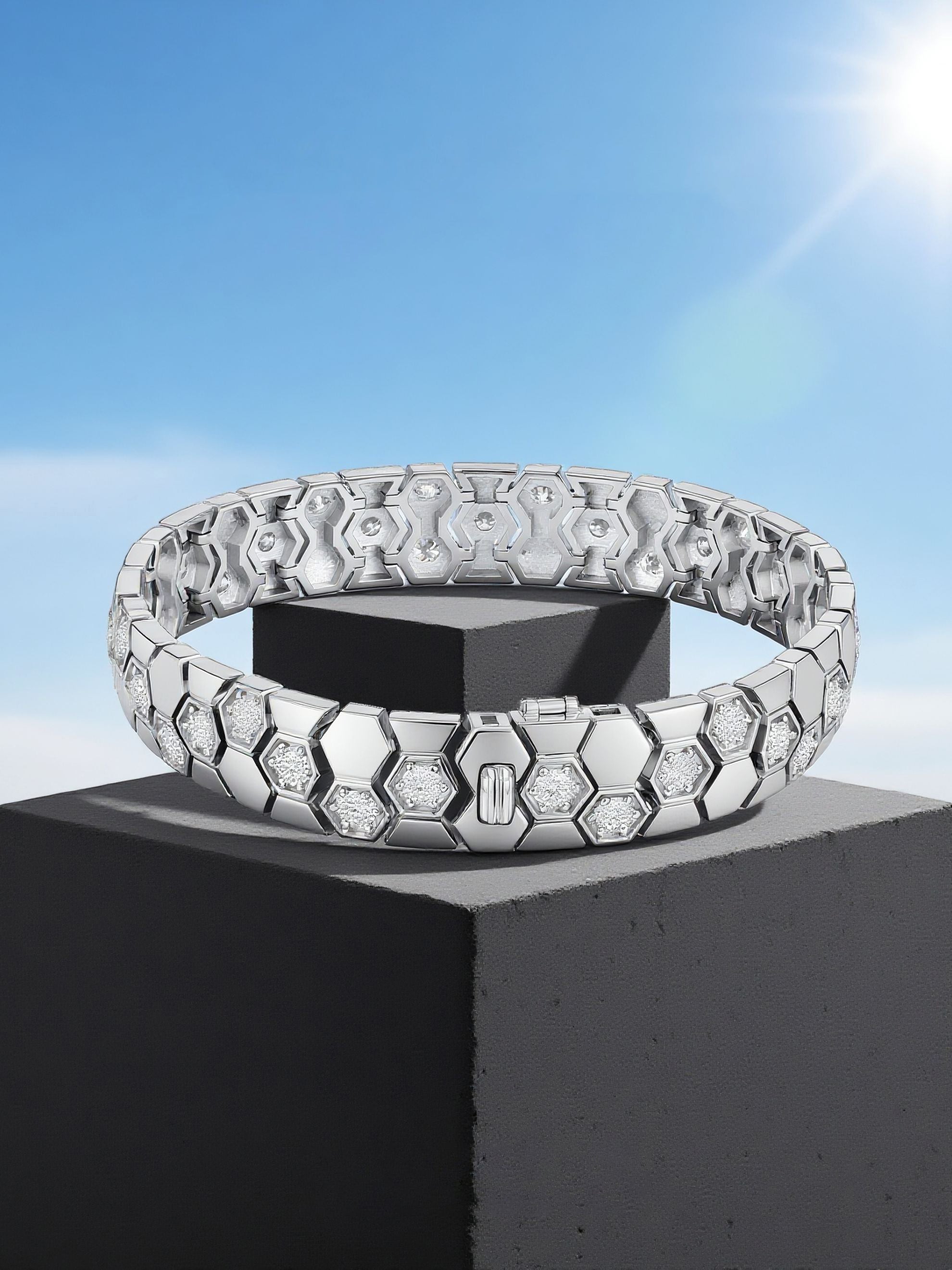 Own Your Bloom 14K geometric honeycomb bracelet displayed on minimalist background with bright blue sky, Dallas.