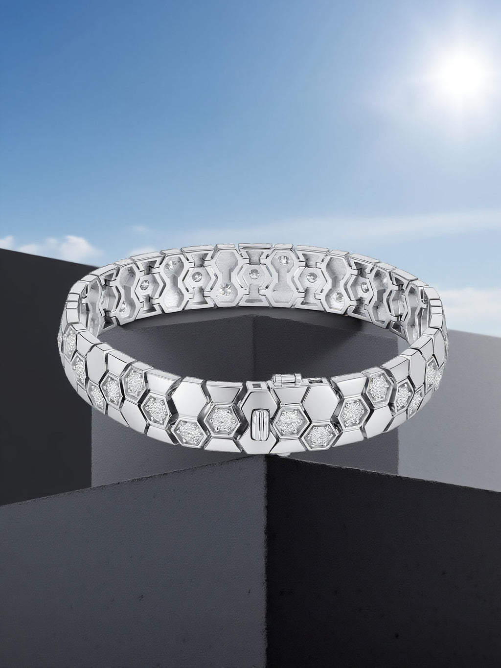 Own Your Bloom honeycomb bracelet in natural light, crafted with precision and contemporary design, Boston.