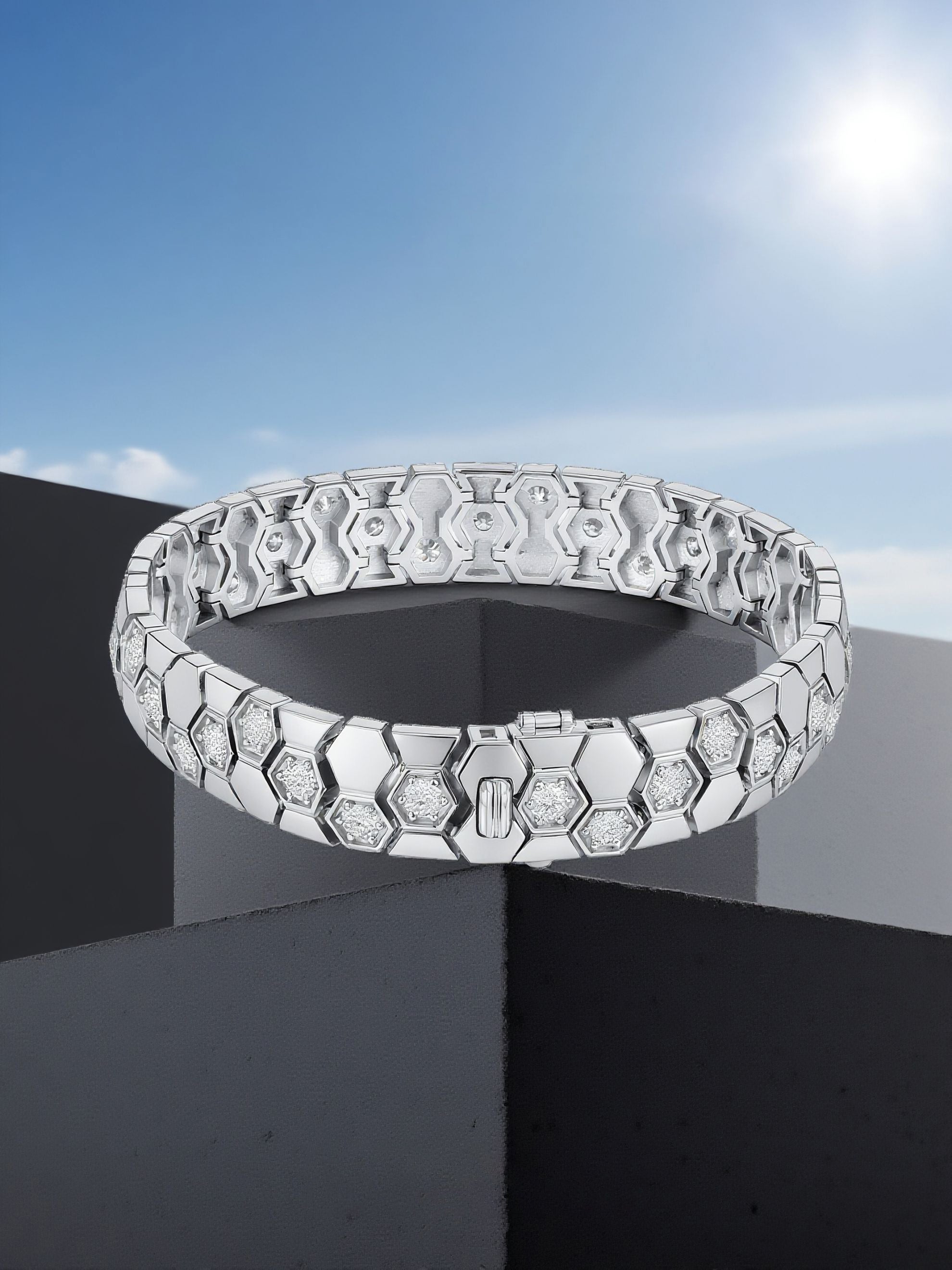 Own Your Bloom honeycomb bracelet in natural light, crafted with precision and contemporary design, Boston.