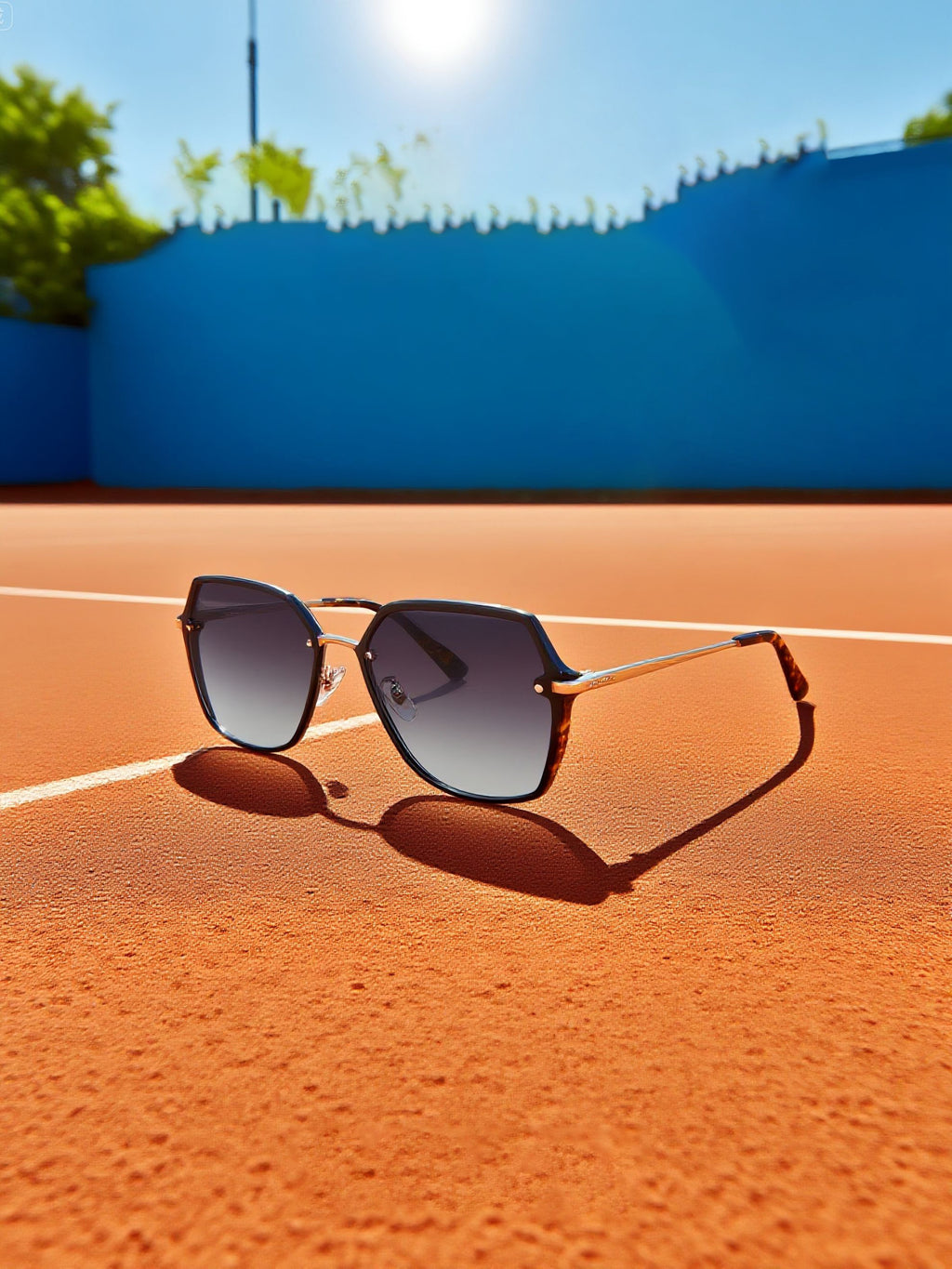 Own Your Bloom edge-sealed sunglasses placed on tennis court, luxury sports eyewear lifestyle, Miami.
