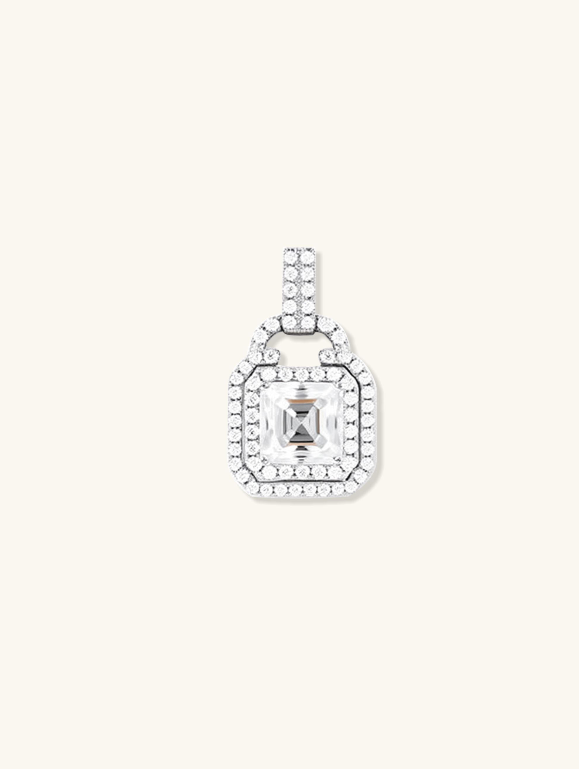 Own Your Bloom 14K white gold pendant close-up with halo stones, studio white, Chicago.